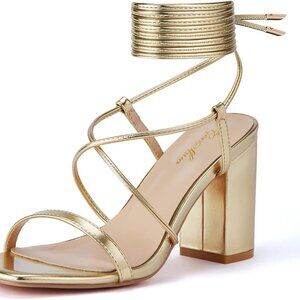 Women's Gold Leather Sandals 3 Inch Block Heel Lace Up Strappy Shoes